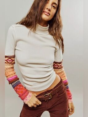 We The Free All Too Well Cuff Turtleneck Top in beige pink Combo Large